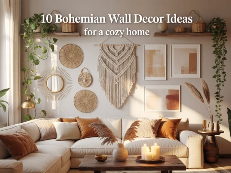 Bohemian living room featuring macrame wall hangings, rattan baskets, neutral wall art, hanging plants, and cozy earth-tone decor ideas for a warm modern boho home.