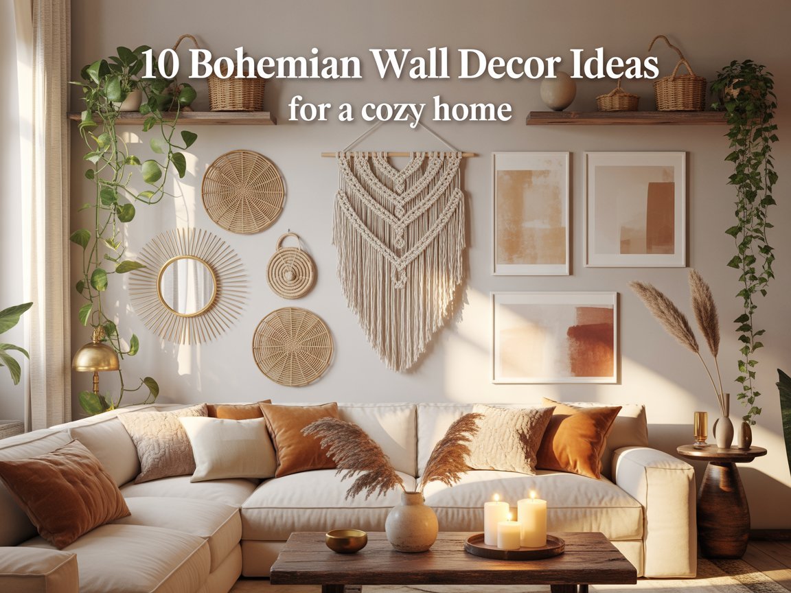 Bohemian living room featuring macrame wall hangings, rattan baskets, neutral wall art, hanging plants, and cozy earth-tone decor ideas for a warm modern boho home.